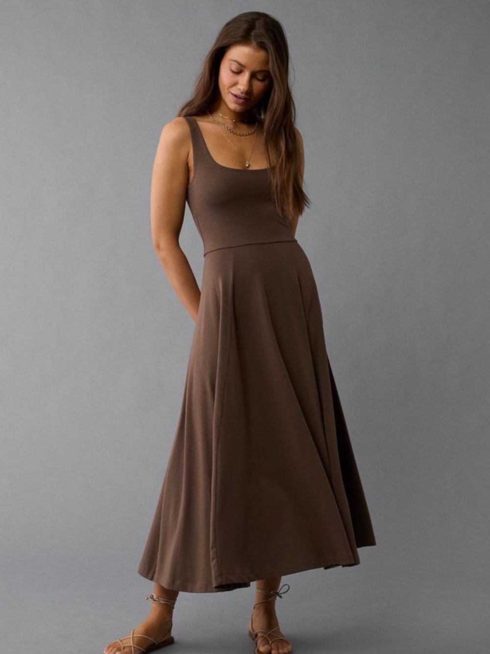 American Eagle Outfitters Brown Scoop Neck Midi/Maxi Dress - Picture 3 of 6